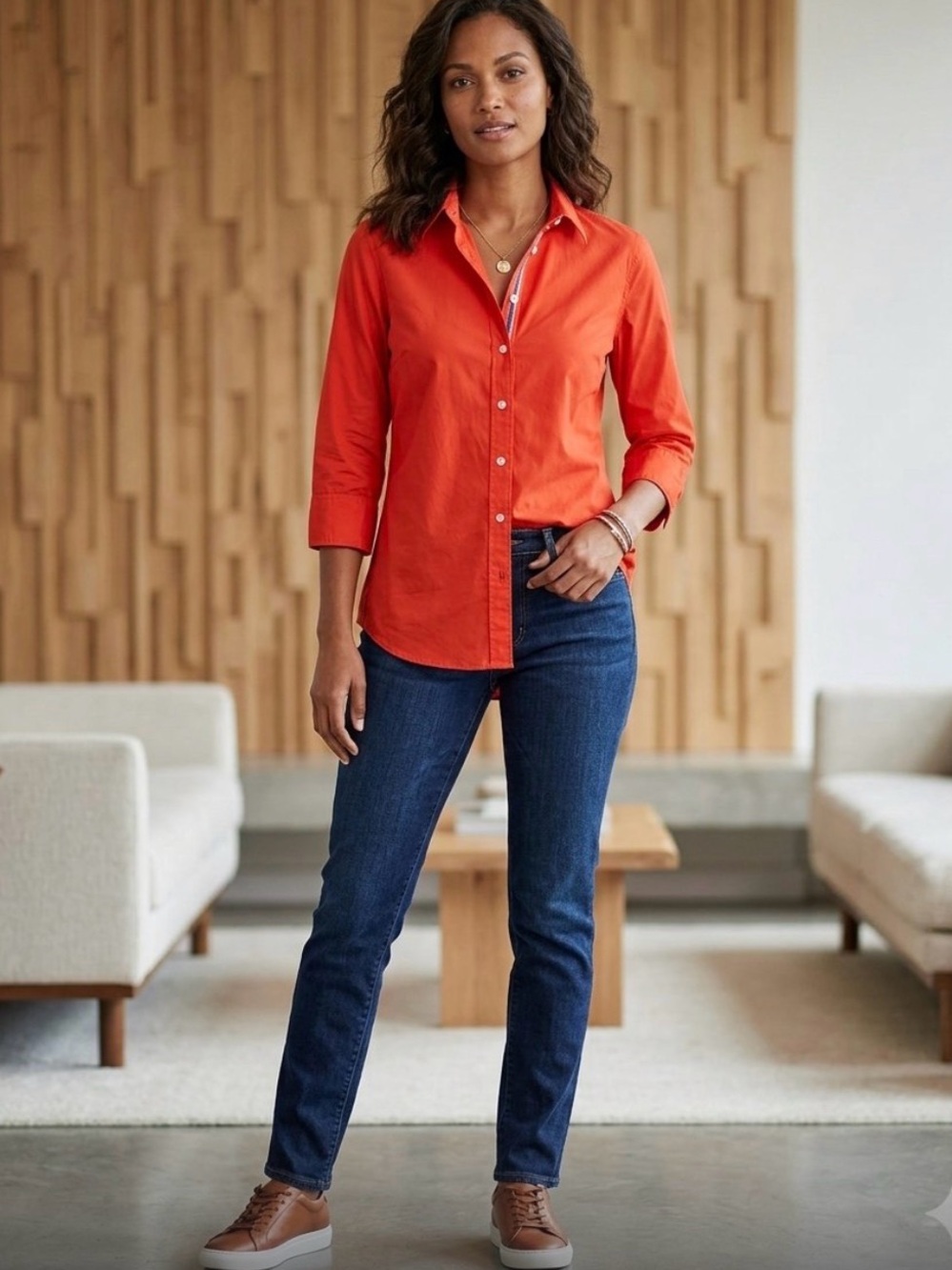 Women’s Orange Button-Front Shirt - Casual Collared Top